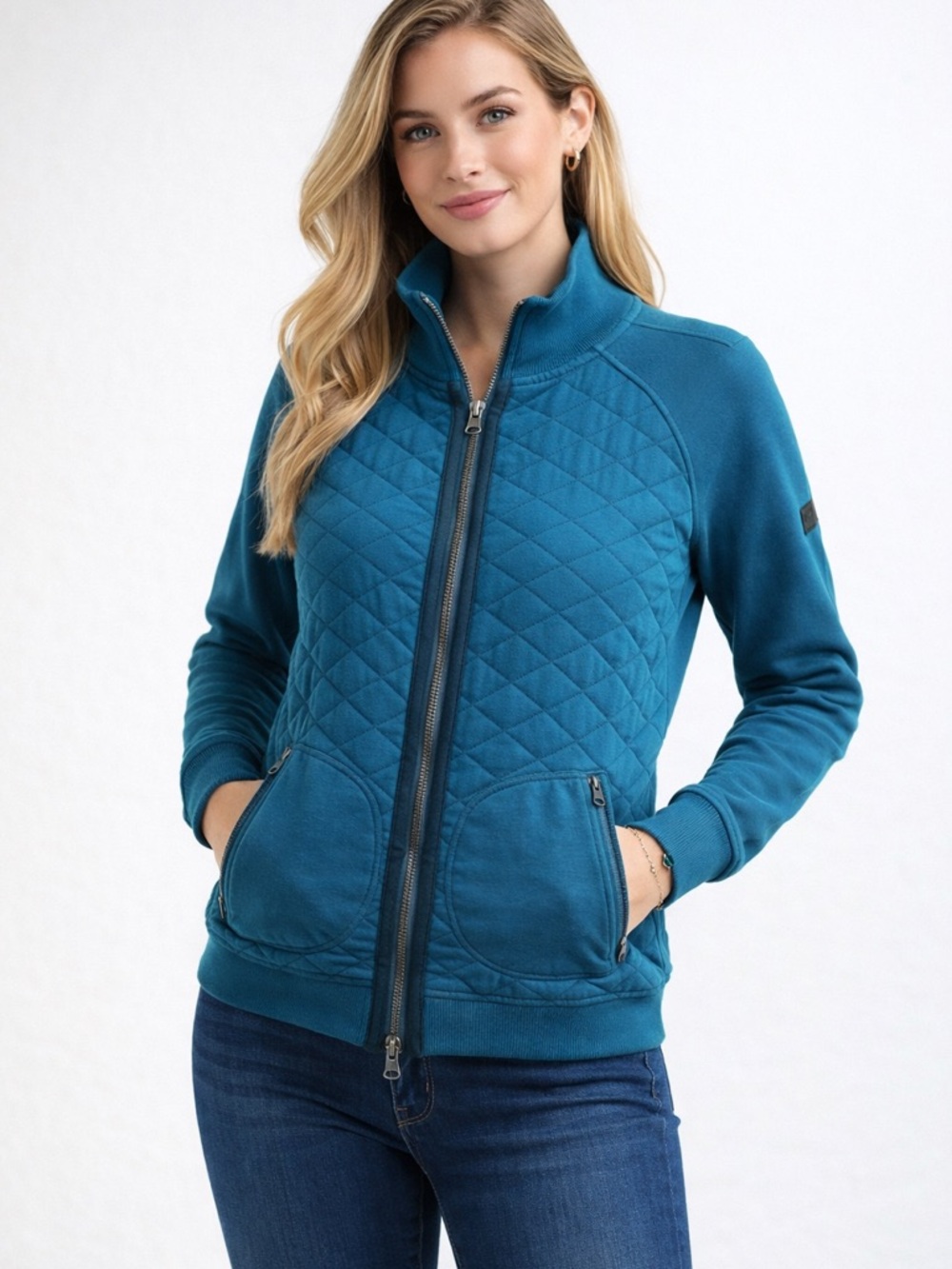 Noble Outfitters Quilted Equestrian Zip Jacket Teal Blue Women’s L Double Zip